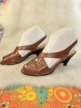 Bandolino Metallic Copper Leather Peep-Toe Crisscross Wedged Slingbacks